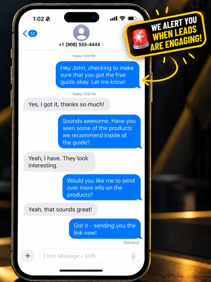 A lead replying by text, with a badge reading: we alert you when leads are engaging
